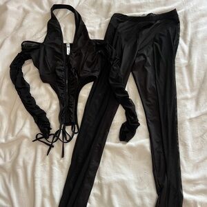 Black Two- Piece Set With Rutched Sleeves And Tie Up Detail Size L